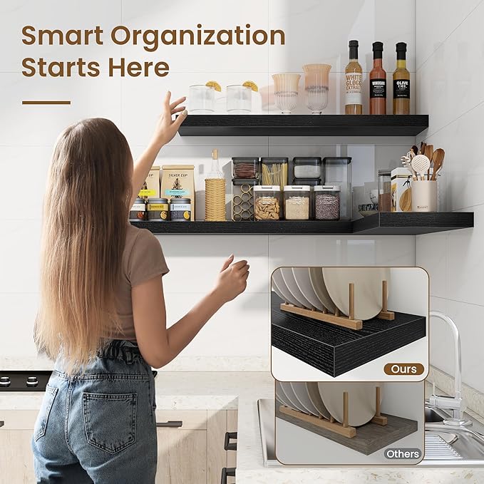 16in Floating Shelves for Wall, 16"W x 9.25"D x 1.25"H, 2 Pack Long Wall Mounted Engineered Wood Shelves with Invisible Brackets for Living Room, Bedroom, Bathroom, Kitchen Decor and Storage, Black