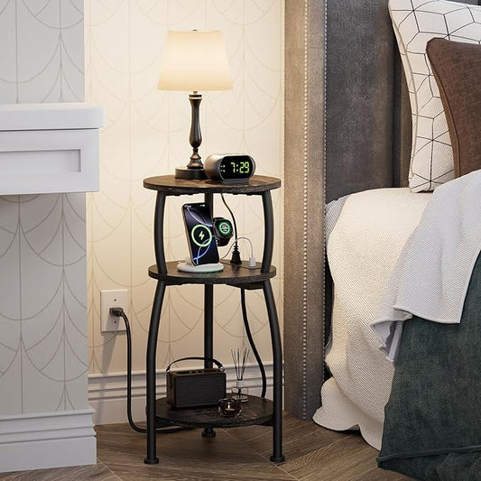 Round Side Table with Power Outlet & USB Ports, 3-Tier End Table with Storage Shelf, Modern Rustic Nightstand, Small Spaces Accent Table for Living Room Bedroom, Easy Assembly, Oak Dark