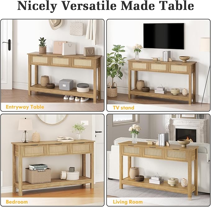 Luoxiao Rattan Console Table Boho Entryway Table with 3 Drawers Storage, Narrow Long Behind Couch Sofa Table for Living Room Side Table Entry Way Table Entrance Hallway Foyer, Natural, 47 Inch