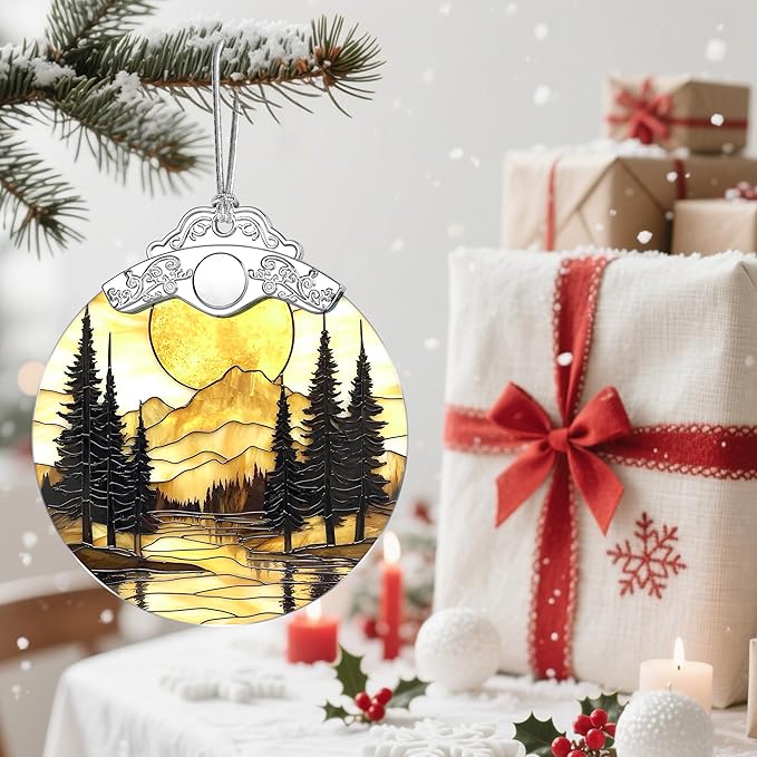 Mountain Sunset Stained Glass Ornament: Christmas Decorations, Ornaments for Christmas Tree & Holiday Ornaments – Holiday Presents, Gift Exchange Ideas & Elegant Gift for Family, Coworkers & Friends