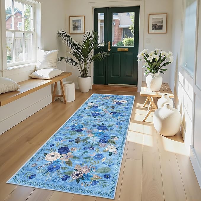 Rug for Hallways Kitchen Rug 2x8, Non Slip Washable Rugs with Rubber Backing Soft Floral Carpet Runner for Hallways, Kitchen, Laundry, Bedroom, Bathroom (2 x 8, Blue Lawn)