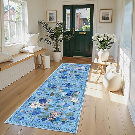 Rug for Hallways Kitchen Rug 2x8, Non Slip Washable Rugs with Rubber Backing Soft Floral Carpet Runner for Hallways, Kitchen, Laundry, Bedroom, Bathroom (2 x 8, Blue Lawn)