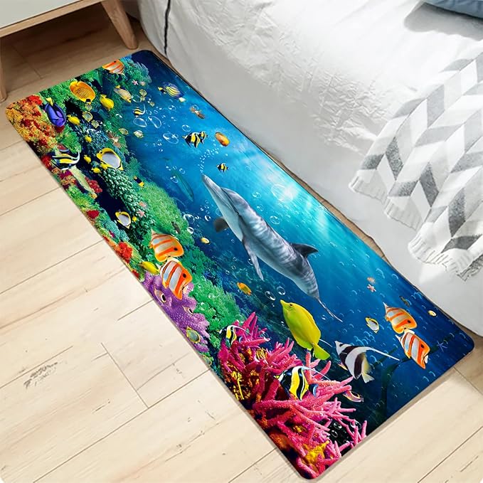 Bath mats in Bathroom and Kitchen Sponge Foam Carpet absorbs Soft (71 x 24 inches), Flange mats in Bedside and Living Room are Non Slip and Bright 3D Printing (Dolphin Underwater World)