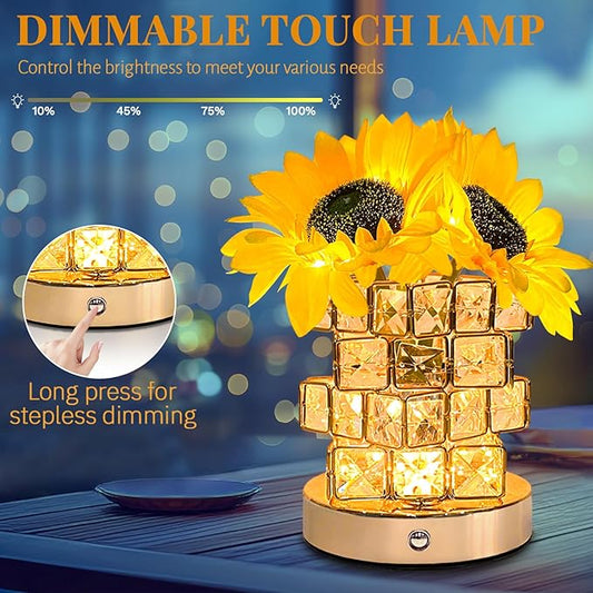 Sunflower Crystal Table Lamp, Touch Dimming Night Light, USB Rechargeable Bedside Lamp LED Artificial Flowers Lamp, Desk Lamp Aesthetic for Bedroom Home Decor