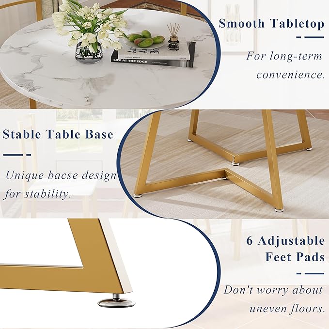 VECELO Small Round Dining Table Set for 2, Wood Tabletop with Strong Metal Frame, Modern Dinette with Chairs for Kitchen, Breakfast Nook Living Room, White & Gold