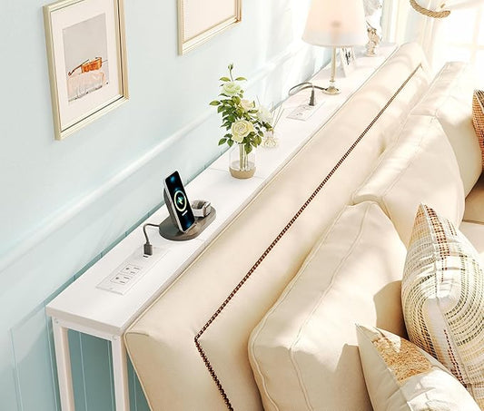 SUPERJARE 5.7 Inch Narrow Console Table with Outlet, Sofa Table Set of 2, Total Length 78.8'', Behind Couch Table, Long Entryway Tables with Charging Station, for Living Room, White