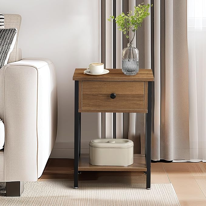 VECELO Nightstands Set of 2, Modern Bedside End Tables, Night Stands with Drawer and Storage Shelf for Living Room Bedroom, Industrial Metal Frame