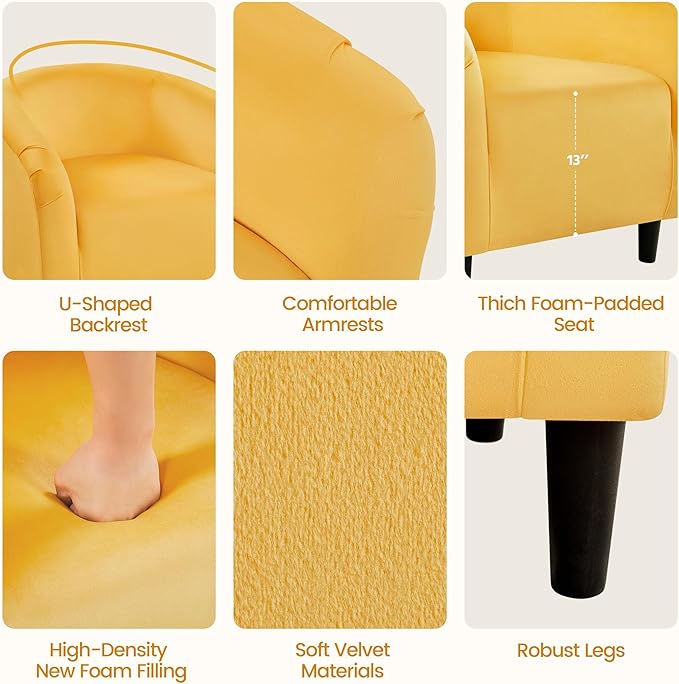 Yaheetech Accent Barrel Chair, Velvet Club Chair, Furry Sherpa Elegant Armchair with Cozy Soft Padded, Suitable for Living Room Bedroom Reception Room Office, Yellow