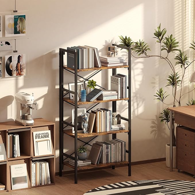 Homeiju Folding Bookshelf,4 Tier Bookcase Foldable Shelf with X-Bracket Design, Adjustable Feet, Space Saving Storage for Living Room, Office, Rustic Brown