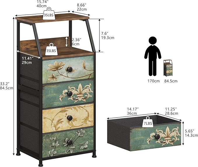 Tohomeor Dresser with Fabric Drawers Nightstand with 2 Tier Shelf Storage Tower for Bedroom Hallway Entryway Closet Organizer Sofa Beside Table Furniture (Multi, 4 Drawers)