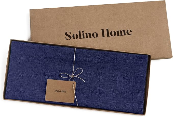 Solino Home Linen Chambray Navy Table Runner 108 Inches Long - Athena, 100% Pure Linen Dining Table Runner 14 x 108 Inch for Fall, Autumn, Thanksgiving, Christmas, Holiday