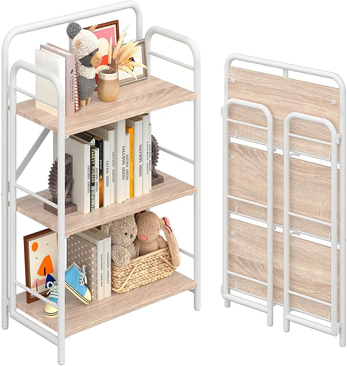 4NM No Assembly Folding Bookshelf, 3 Tiers Collapsible Book Shelves Open Industrial Foldable Storage Bookcase Shelf for Bedroom, Living Room, Home Office - Natural and White