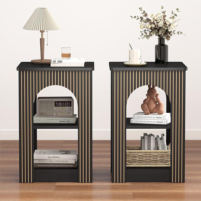 End Table with 3-Tier Storage, Mid-Century Modern Side Table with Arched Carving Lines, Square Fluted Nightstand Accent Table for Living Room, Bedroom, or Office (1, Black)