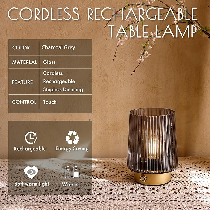 Cordless Lamp Rechargeable Battery Operated lamp, Glass Small Table lamp - Portable Dimmable Brightness Touch Wireless Bedside Lamp for Bedroom Kitchen Dining Home Living Room Decor Grey