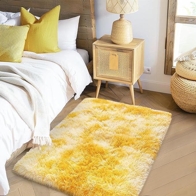 Small Rugs for Bedroom, Fuzzy Throw Rug for Living Room Dorm, Soft Fluffy Bedroom Rug, Non Slip Shag Rugs, Modern Indoor Home Decor Aesthetic, 2x3 Feet, Tie-Dyed Yellow