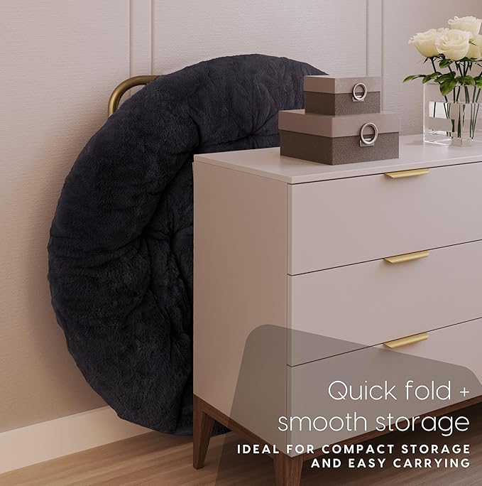 Milliard Saucer Chair For Adults, Teens & Kids, Navy Blue, Faux Fur XL Circle Chair for Bedroom, Dorm & Gaming, Foldable Comfy Accent Seat for Small Spaces, Folding Moon / Mushroom / Round Style