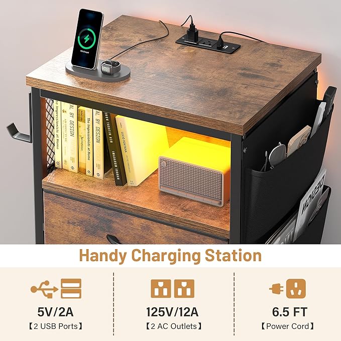 EnHomee Tall Night Stand with 5 Drawers, LED Nightstand with Ports & Outlets, Bedside Table with Extra Side Bag & Storage Shelf & Hooks, Bedroom, Dorm, Closet