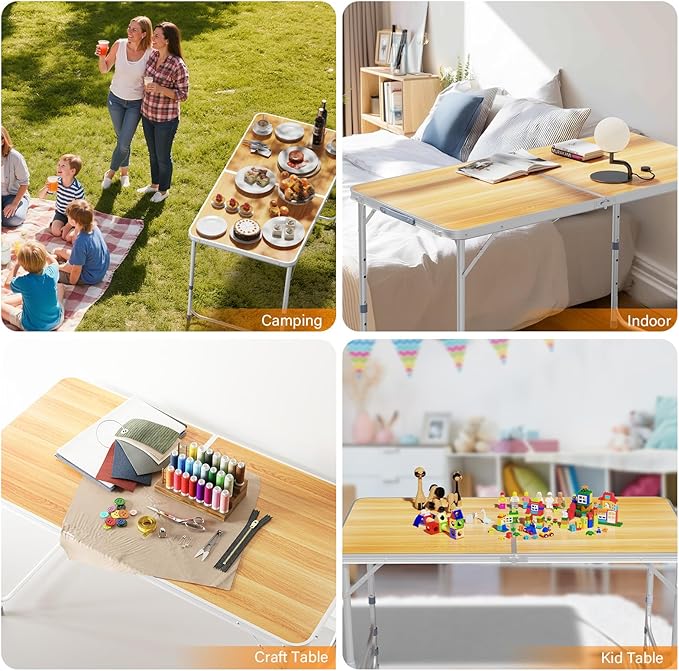 VINGLI 4FT White Folding Table with Carrying Handle Height Adjustable Lightweight Fold Up Portable for Indoor Outdoor Picnic,Camping,Hiking,Fishing,BBQ …