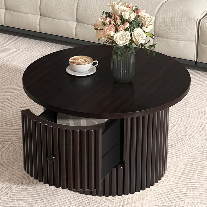 Harper & Bright Designs Round Coffee Table for Living Room in Dark Brown, Farmhouse Coffee Table with a Drawer, Center Table with Vertical Slat Base in 30.5"