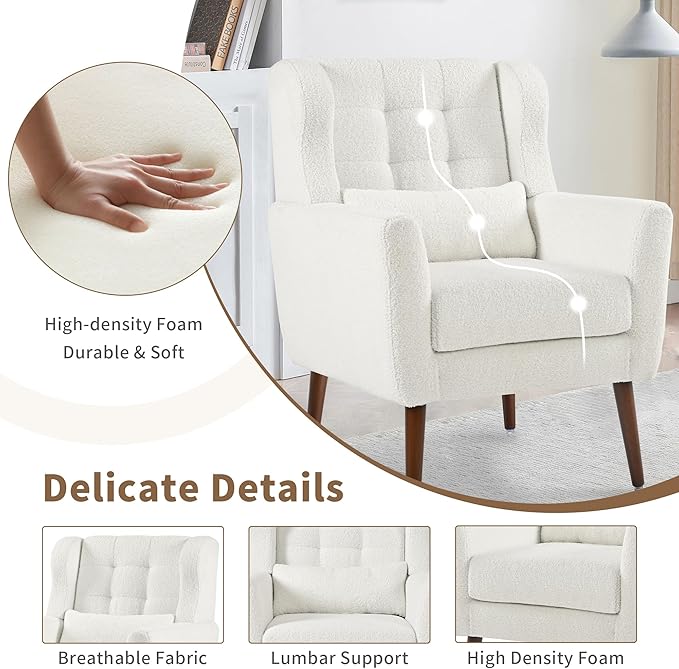 Modern Accent Chair, Upholstered Arm Chair with Waist Pillow, Single Sofa Chair for Living Room Bedroom Small Spaces (White)
