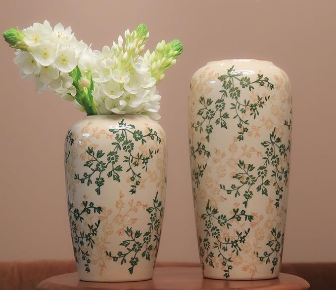 11.5" Hand-Painted Ceramic Large Vase – Green Botanicals & Yellow Florals, Crackle Glaze & Antique Patina Rim, Chinese-Inspired Artistry