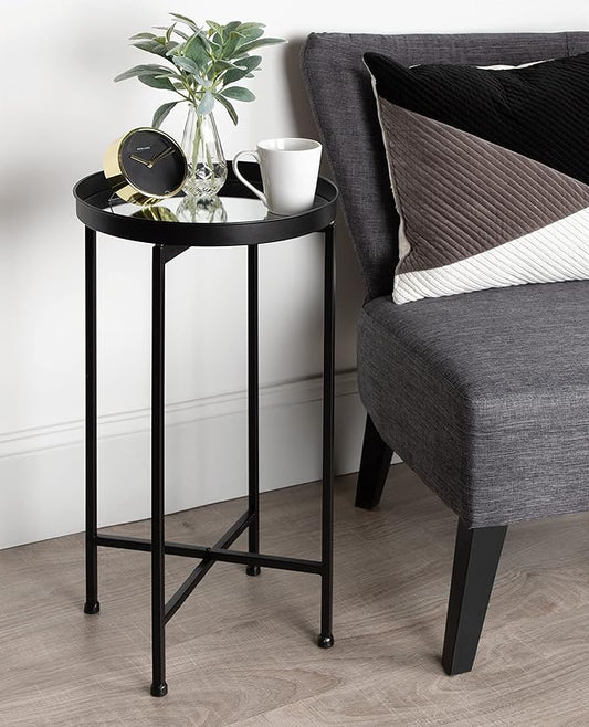 Kate and Laurel Celia Round Metal Foldable Accent Table with Mirror Tray Top, Black