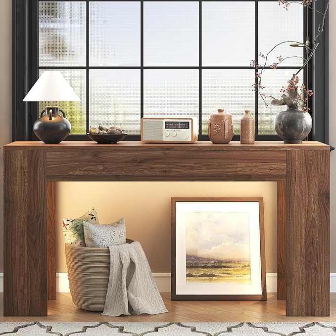 63-Inch Long Console Table with LED Light, Farmhouse Sofa Table Behind Couch, Wooden Console Table for Entryway Hallway Entrance Living Room, Brown