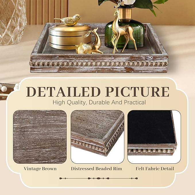 Wooden Decorative Tray, Small Serving Tray with Wood Bead, Farmhouse Big Tray for Ottoman, Countertop, Coffee Tabl, 13" x 13"x 1.6" (Retro Brown)