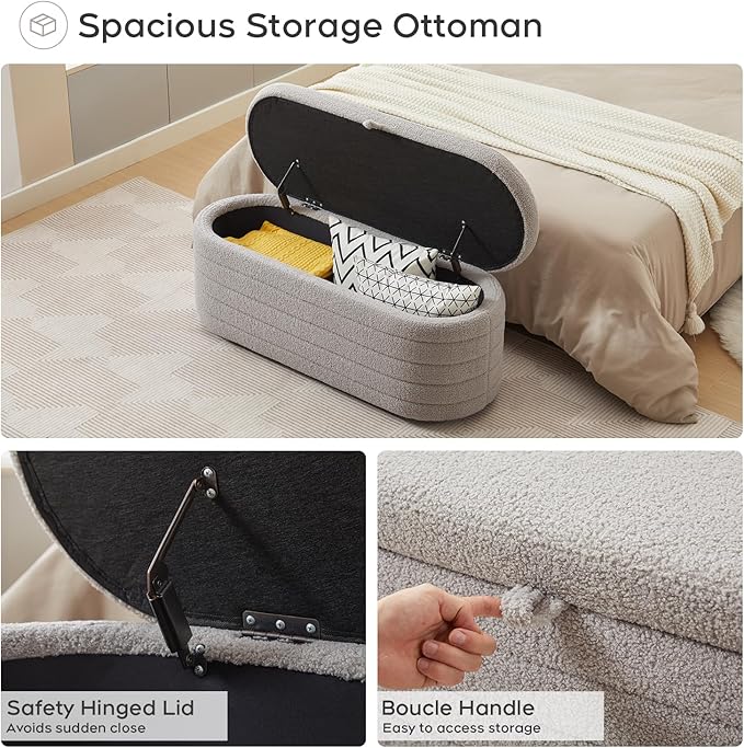 Storage Ottoman Bench End of Bed for Bedroom,45 inch Boucle Upholstered Entryway Shoe Seat Bench w/ Storage,Sherpa Modern Cute Padded Blanket Chest Stool Foot Rest for Living Room,Window Seating, Grey