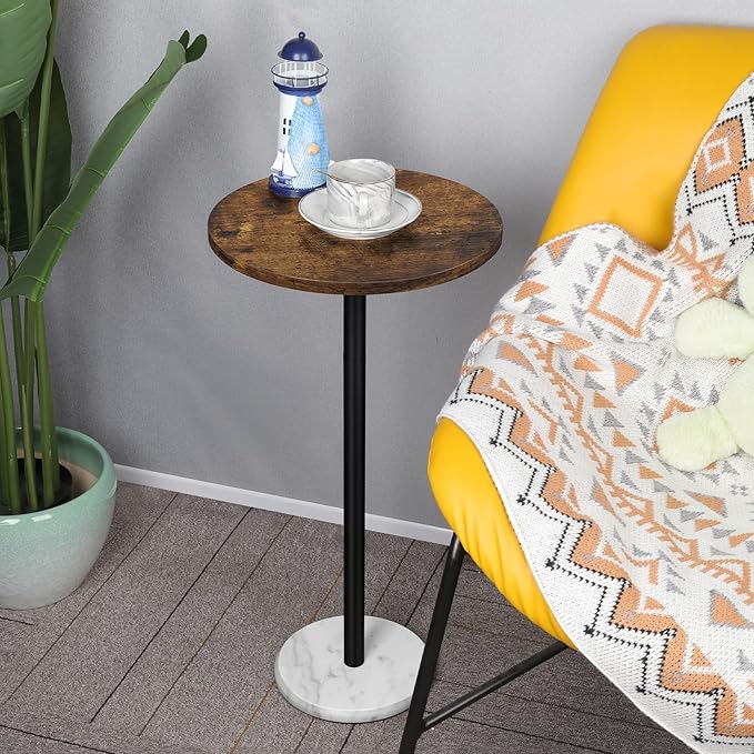 smusei Small Side Table for Small Spaces Round Bar Table with Marble Base Round End Table Drink Table Pedestal for Sofa Couch Chair Patio, Brown