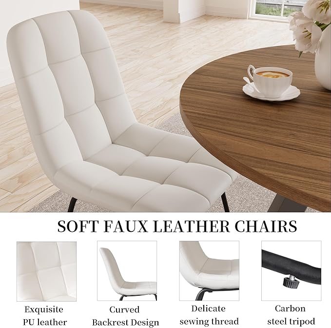 34.6'' Round Dining Table and Chairs for 4 Space Saving for Apartment Kitchen Dining Room (Walnut Table+4 U-Shaped White Chairs)