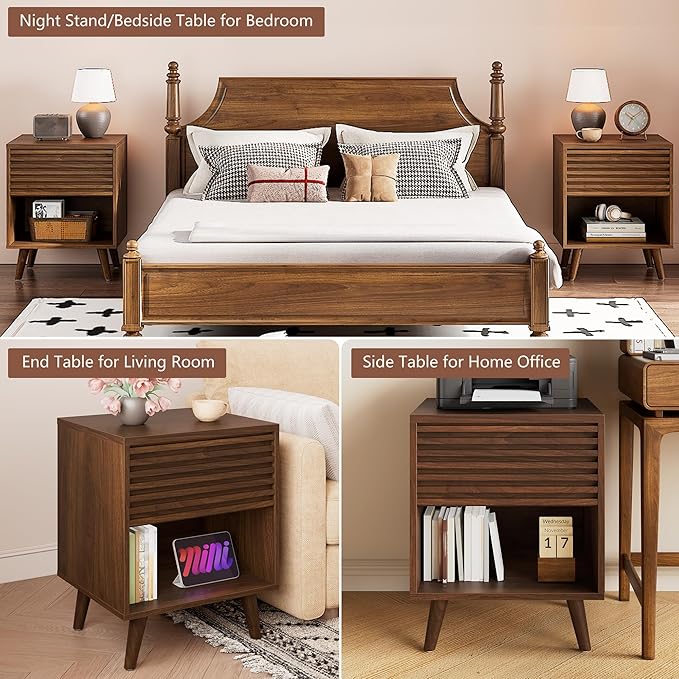 Alohappy Mid Century Modern Nightstand, Fluted Night Stand, Wood Bedside Table with Drawer and Cube Storage for Bedroom, Side Accent End Table with Solid Wood Leg for Living Room, Brown, 1pc