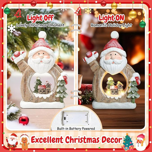 Santa Claus Decoration with LED Lights, Resin Christmas Figurine Indoor Holiday Party Home Decoration Winter Table Centerpiece Fireplace Bedroom Window Decor