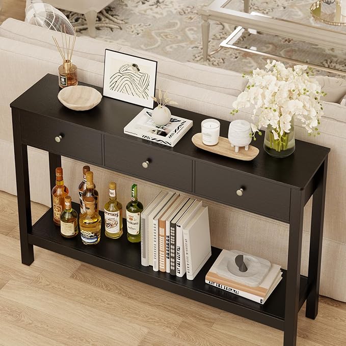 Gizoon 3 Drawer Wooden Sofa Table with Open Shelf, Modern Accent Console Table with Metal Round Handles, Large Storage Space, for Living Room, Front Hall, Entrance Hall, Study Room, Black