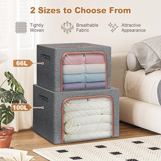 3 Pack Foldable Storage Bins with Metal Frame, Large Capacity Stackable Clothes Organizer with Clear Window & Carry Handles, Linen Fabric Storage Boxes for Closet (Gray, 3PCS-Large-66L)