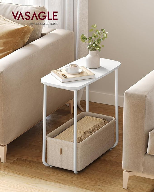 VASAGLE LILEA Collection - Side End Table with Fabric Basket, Modern Nightstand, Rectangular Bedside Table, for Living Room, Bedroom, Matte White and Camel Brown ULET230W10