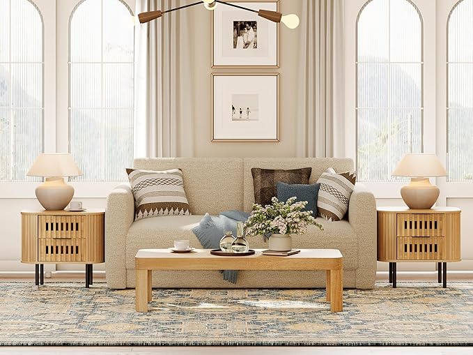 WAMPAT Set of 2 Fluted Nightstands, Modern Wooden End Tables with Drawer, Storage Bedside Table for Bedroom and Living Room, Oak