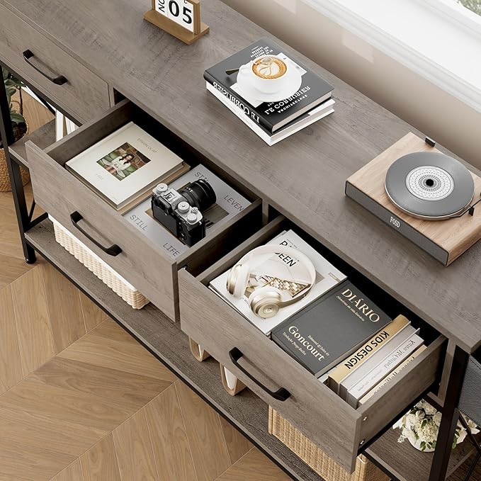 HITHOS 47.2" Long Console Table with 3 Drawers and 3-Tier Storage Shelves, Industrial Sofa Table for Living Room Entry Way