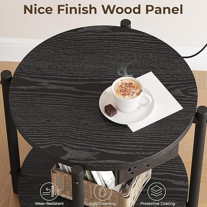 LIKIMIO 15.8" W Small Round Side Table with Charging Station, 2-Tier End Table with Lower Shelf, Wooden Nightstand for Small Spaces, Living Room, Bedroom, Black