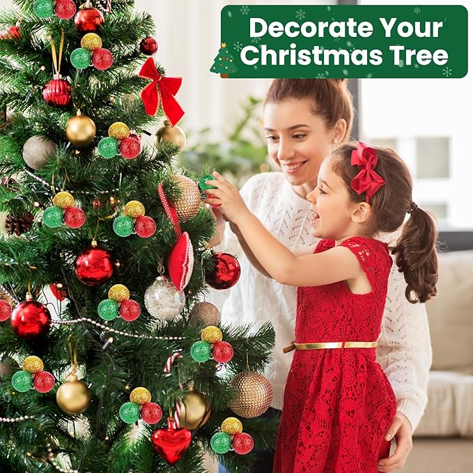 12 Pcs Christmas Tree Ball Ornaments Christmas Ball Picks for Xmas Tree Wreath Garland Vase Stairs Decoration Home Decor (Gold, Green, Red)