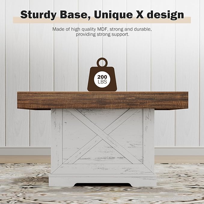 Coffee Table 31.5 in Farmhouse Center Table with X Design Wooden Pedestal for Living Room, Small Square Home Office Tea Accent Table for Dining Room Apartment, Antique White