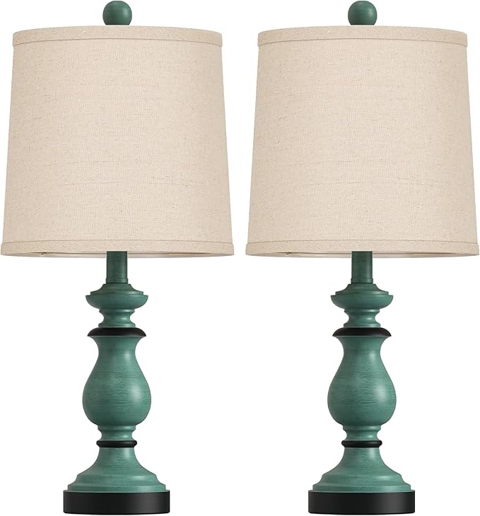 PARTPHONER Traditional Table Lamp Set of 2, Rustic Farmhouse Table Lamps for Living Room Bedroom, 22" Bedside Desk Lamps Vintage Nightstand Lamps with Linen Shades, Green