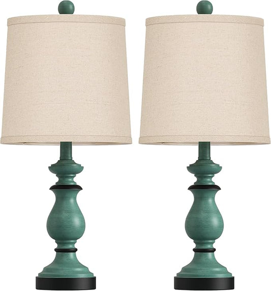 PARTPHONER Traditional Table Lamp Set of 2, Rustic Farmhouse Table Lamps for Living Room Bedroom, 22" Bedside Desk Lamps Vintage Nightstand Lamps with Linen Shades, Green