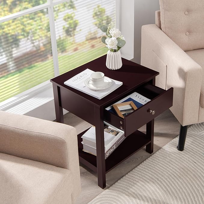 Giantex Nightstand, Wood End Table with Drawer and Open Shelf, Night Stand for Small Spaces, 2-Tier Bedside Table for Living Room Bedroom Dorm, Easy Assembly, Brown