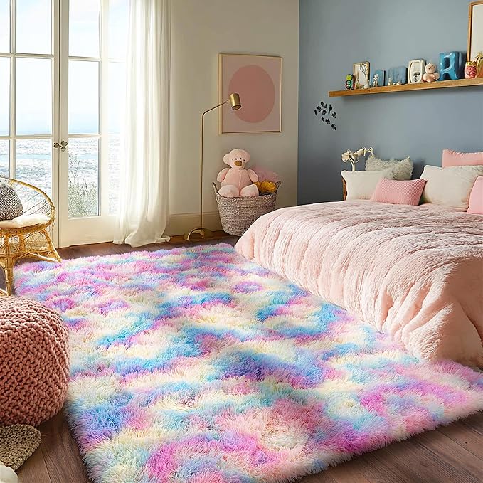 Rainbow Rug for Girls Bedroom, 5x7 Area Rug for Cute Girls Room, Bedside Indoor Floor Fluffy Shag Carpet, Plush Soft Rug for Living Room Nursery Dorm Home Decor