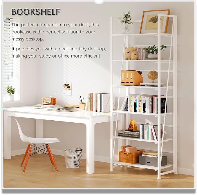 4NM No Assembly Folding Bookshelf, 6-Shelf 74" H Collapsible Foldable Bookcase Storage for Small Spaces, All White