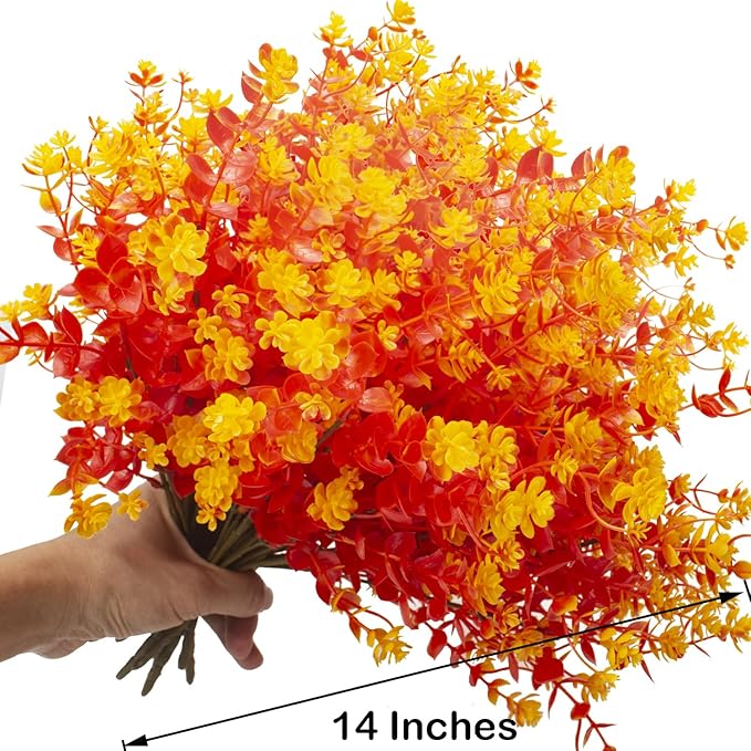 12 Bundles Artificial Fall Flowers for Outdoors, Artificial Plants UV Resistant Fall Fake Mums Plants for Outside Halloween Christmas Porch Decoration ecorations (Fall Orange)