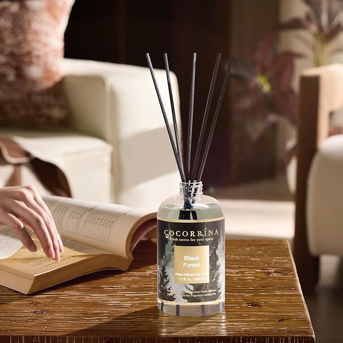 Cocorrína Reed Diffuser Refill Black Forest 17oz (500ml) with 8 Sticks - Premium Long-Lasting Essential Oil, Home Fragrance for Bedroom, Bathroom Home Decor