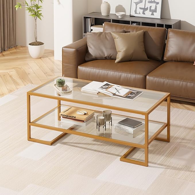 Coffee Table, 2 Tier Tempered Glass Coffee Table, Rectangle Modern Center Table with Metal Frame, Glass Accent Table Open Storage Shelf for Living Room, Office, Golden