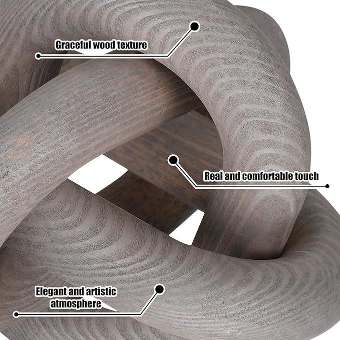 3 Link Wood Knot Decor - Hand Carved Coffee Table Decoration, Boho Chain Link Decor, Modern Shelf, Rustic Objects for Home Living Room Bedroom(Gray)